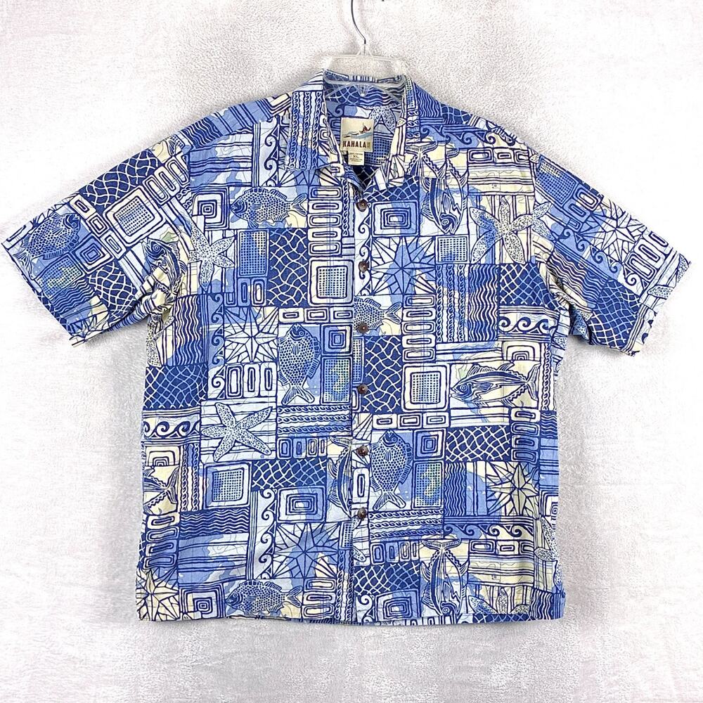 Kahala 1936 Hawaiian Shirt Mens XL Blue Geometric Fish AOP Beach Tiki Aloha USA